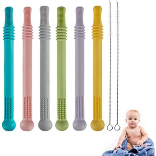 Hollow Teether Tubes, 6 Pack Chew Straw Toy for Infant Toddlers Silicone Teething Toys for Babies, 0-6 Months 6-12 Months BPA Free/Freezable/Dishwasher and Refrigerator Safe