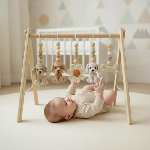 Handmade Puppy Baby Gym | Wooden Baby Play Gym with Crochet Dog Toys | Montessori Baby Activity Gym | Neutral Nursery Decor | Baby Gift