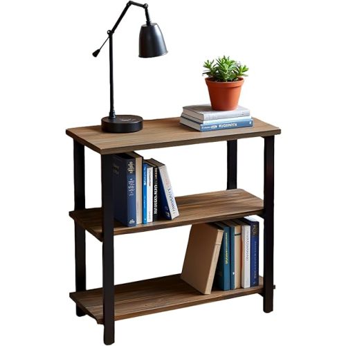 Pomona 3-Tier Bookcase with 2 Lower Shelves – 30" Tall Rustic Industrial Under-Window Bookshelf with Solid Wood and Metal Frame for Living Room, Bedroom, or Home Office by Alaterre Furniture