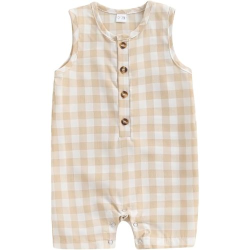 Infant Baby Boys Summer Cotton Linen Romper Sleeveless Plaid Solid Button Up Jumpsuit Overalls One Piece Outfits