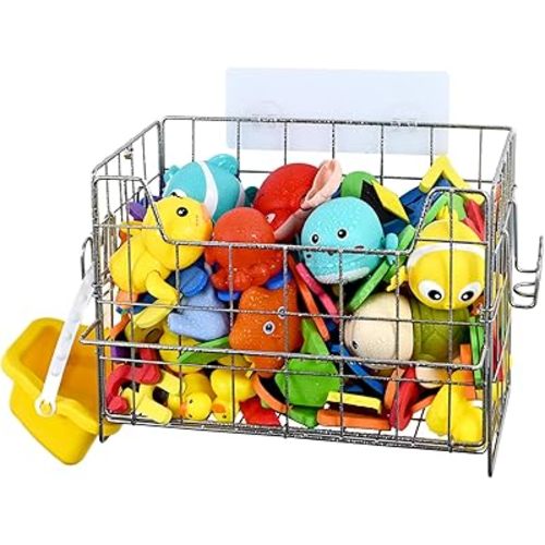 Umimile 304 Stainless Steel Bath Toy Holder - 8.6L Rustproof Baby Bathtub Toy Storage with Quick-Dry Drain Holes, Mold Resistant Design for Toys/Shampoo, 3-Way Mount (Wall, Hanging, Stand)