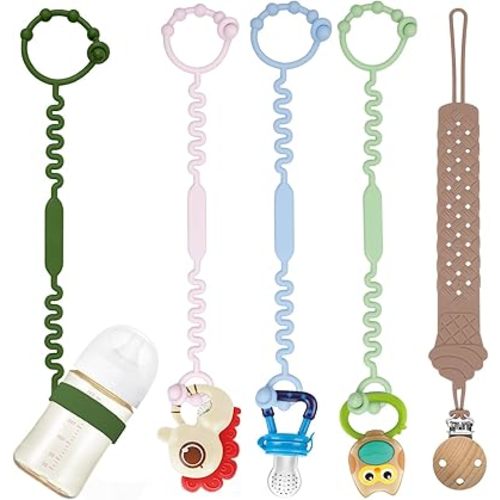 Silicone Baby Toy & Bottle Strap Set – Includes 1 Universal Bottle Strap, 3 Adjustable Toy Straps, &1 Pacifier Clip (Pink+Baby Blue+Celadon+Olive Green Bottle Strap+Sandy Camel Pacifier Clip)