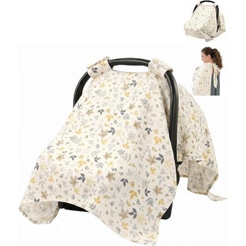 Metplus 100% Muslin Car Seat Cover Baby & Nursing Cover, Soft Breathable Infant Carseat Canopy for Summer, Stroller & Carrier Sunshade for Boys Girls (Leaves)