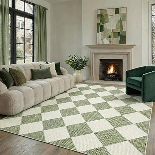 GarveeHome 5x7 Modern Checkered Area Rug, Sage Green Washable Rugs for Living Room Bedroom, Soft Low Pile Non Slip Diamond Floor Mat Plaid Print Throw Rug Indoor Carpet Dining Room Playroom