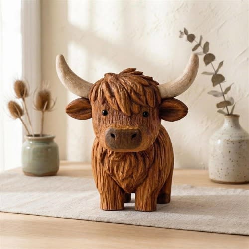 Highland Cow Figurine Decor, Hand Carved Style Furry Cow Sculpture, Rustic Shelf Accent, Farmhouse Desk Decoration & Housewarming Gift