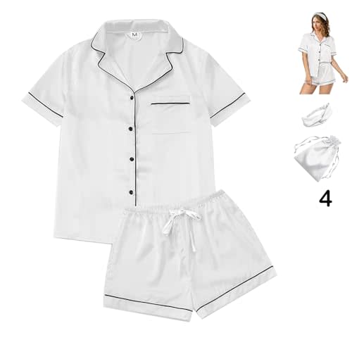 WJing Yi Jia Womens Satin Silky Pajama Sets Short Sleeve Shirt XS-4XL Floral Pajamas Set Soft PJ Loungewear Sleepwear