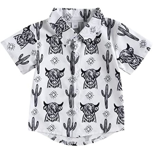 Western Baby Boy Clothes Cow Print Short Sleeve Button Down Shirt Lapel Neck T-Shirt Toddler Cowboy Summer Tops