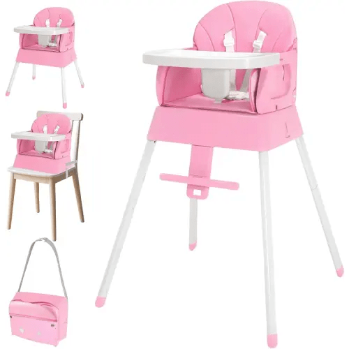 4-in-1 Baby High Chair, Convertible Highchair for Babies and Toddlers, Portable High Chair with Foldable Design, Booster Seat for Kitchen, Dining & Outdoor Use, Easy to Clean & Storage(Pink)