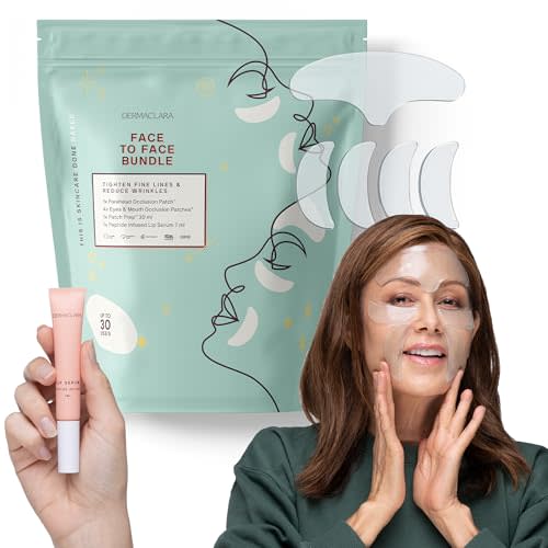 Dermaclara Face Patches Kit - Anti Wrinkle Patches for Frown & Smile Lines, Silicone Anti-Wrinkle Reusable Pads, Up to 30 Uses - 1 Forehead, 4 Eye & Mouth, 1 Patch Cleanser, 1 Peptide Lip Serum