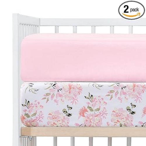 Crib Sheets Girl 2 Pack Set, 2 Pack Toddler Bed Sheets Set, Floral Print Fitted Crib Sheet for Standard Crib & Toddler Mattress, Size 28 x 52 inches, Pink N Floral