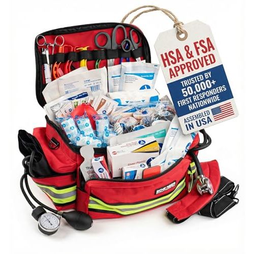 Scherber First Responder Fully-Stocked Professional Essentials EMT/EMS Trauma Kit | HSA/FSA Approved | Reflective Bag w/8 Zippered Pockets & Compartments & 200+ First Aid Supplies - Red