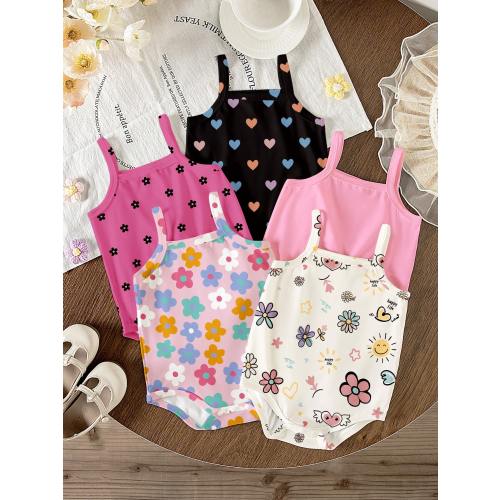 Souflis Souflis 5pcs Newborn Baby Girl Cute Sleeveless Rompers,Summer Bodysuits Set,White With Black Polka Dots,Family Matching,Floral,Heart & Graffiti Daily Outfits