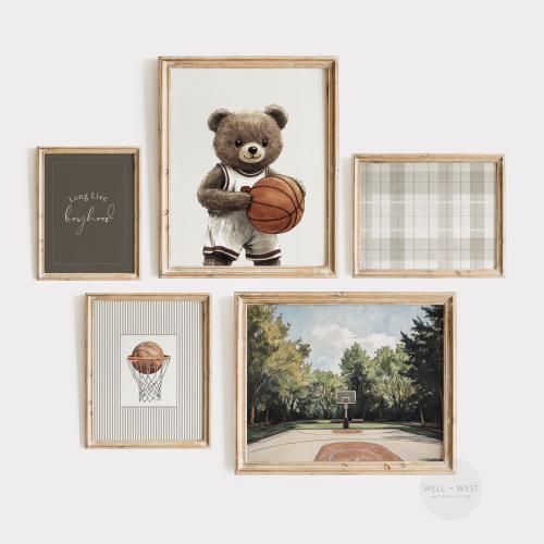 Basketball Set of Five Prints | Vintage Style Basketball Paintings | Teddy Bear Nursery | Boys Room Printable Art | Sports Gallery | PS143