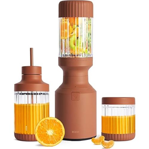 The Beast Mini Blender Plus | Mini Countertop Kitchen Blender | Blend Smoothies and Shakes, Dressings, Sauces, Dips | Extra Vessels, Straw Cap and Straws Included | 600W (Terra)