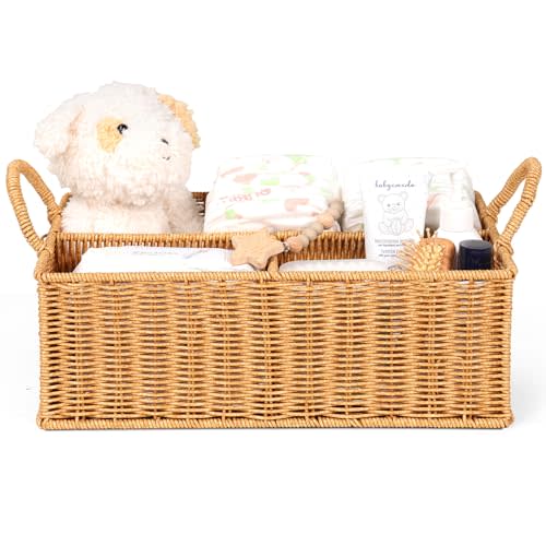 Diaper Caddy Organizer, Hand Rattan Nursery Baby Basket Changing Table Organizer for Baby Essentials, Baby Shower Gifts, Versatile Shelf Basket Bathroom/Kitchen Organizer (PE Rattan, L)