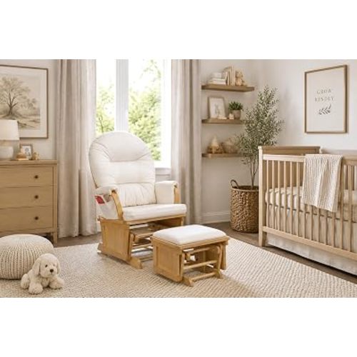 Suite Bebe Madison Nursery Rocking Chair with Ottoman, Wooden Glider for Baby Nursing, Smooth Gliding Rocker, Natural Wood and Beige Fabric