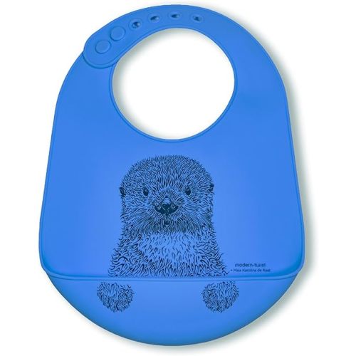 modern-twist Bucket-Bib 100% Food-Grade Silicone, Waterproof and Reusable, Curious Otter – Sea Blue