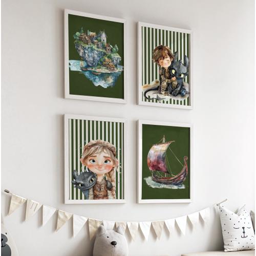 How to Train Your Dragon Prints - Set of 4 Digital Downloads - Viking Dragon Wall Art - Kids Room Decor - Fantasy Nursery Printable