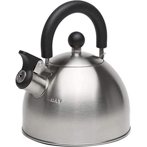 Primula Stewart Whistling Tea Kettle for Stovetop, Stainless Steel Stove Top Kettle with Fast Boil Whistling Spout and Cool Touch Folding Handle, 1.5-Quart, Brushed Silver with Black Handle