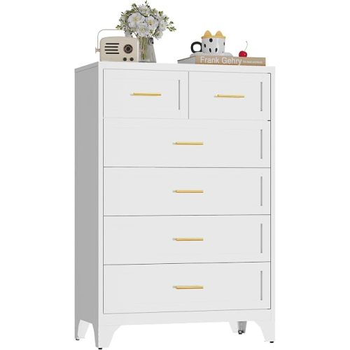White Metal Dresser with Gold Handles and 6 Smooth Glide Drawers