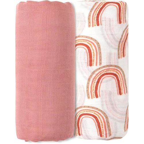 Muslin Swaddle Blankets for Newborns,2 Pack Baby Boys Girls Receiving Blankets Large 43X47 Inches Muslin Burp Cloths,Breathable Soft Swaddle Wrap Baby Essentials(Rainbow)
