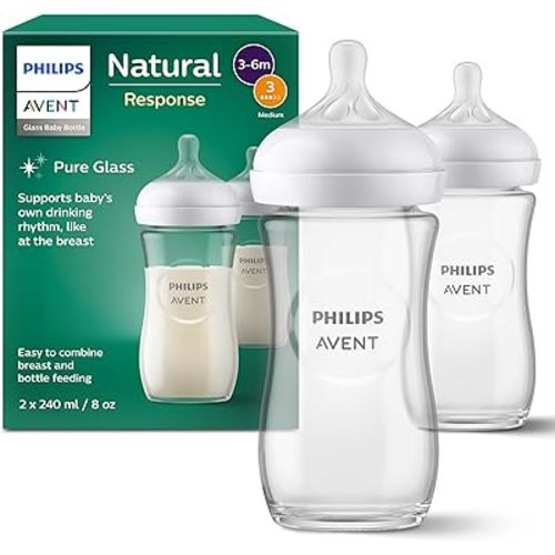 Philips Avent Natural Response Glass Baby Bottles 8oz/240 ml with Medium Flow Teats (Flow 3), 2 Pack, SCY933/02