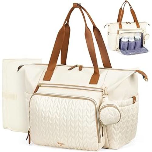 Diaper Bag Tote, Large Baby Diaper Bags Waterproof, Hospital Bag for Labor Delivery with Pacifier Case, Changing Pad, Shoulder Strap, Beige