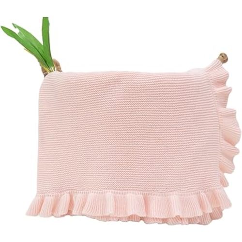 Cotton Baby Blanket with Ruffle Edge Soft Breathable Newborn Blanket for Boys & Girls, Lightweight Knit Throw for Crib, Stroller & Nursery Multiple Colors Available Pink 28x36