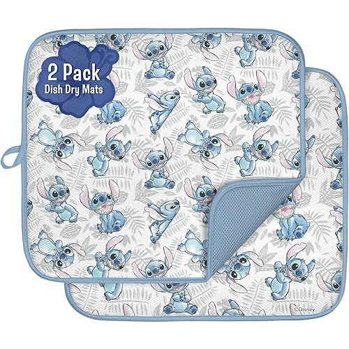Disney Dish Drying Mats for Kitchen Counter (2 Pack) – 16" x 18" Absorbent Kitchen Drying Mats for Dishes – Fast-Drying, Machine Washable Dish Mats – Mickey & Minnie, Winnie the Pooh, & Stitch