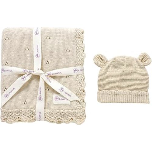 LAWKUL 100% Organic Cotton Baby Blanket and Beanie Hat Set, Beige