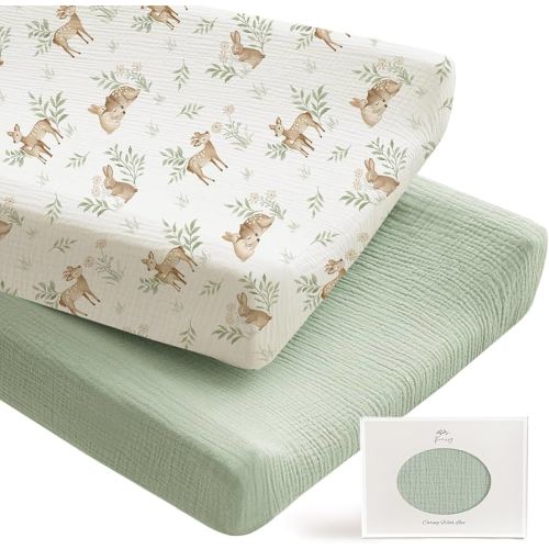 Konssy 2 Pack Muslin Changing Pad Covers for Boys, Ultra Soft & Breathable Cotton Baby Diaper Changing Table Covers, Neutral Nursery Diaper Changing Pad Sheets (Woodland,Sage)