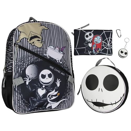 Disney Nightmare Before Christmas Jack Skellington 5 Pc Backpack Set With Lunch Box Pencil Case Carabiner And Keychain
