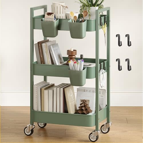 Nunsino 3 Tier Rolling Cart,Utility Cart with Locking Wheels, Hanging Cups,&Hooks, Heavy Duty Metal Storage Organizer Cart for Kitchen,Office, Bathroom,Craft Room,Green