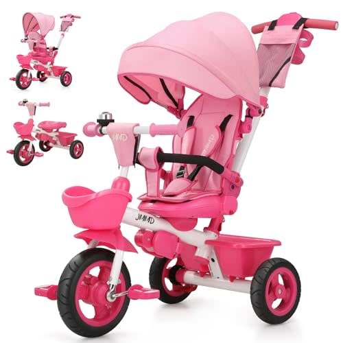 JMMD 7 in 1 Tricycle Stroller with Push Handle, Baby Trike with 360 Swivel Seat, Reclining Backrest, All-Terrain Wheels, Dual Brakes, Canopy & Storage, Gift for Kids 18 Months to 5 Years, Pink