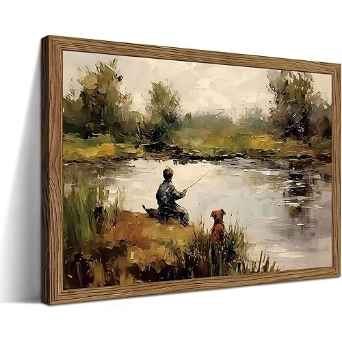 LBTZEVIR Retro Boy Fishing Frame Canvas Wall Decoration with Frame Landscape Wall Art Rural Farmhouse Art Works Suitable for Baby Room Living Room Bedroom Bathroom 8x10 Inch