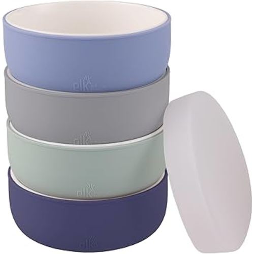 Elk and Friends Kids Porcelain Bowls with Silicone Sleeve + Silicone Lid | Kids/Toddler/Baby Feeding | Microwave & Dishwasher Safe | Non slip | Cereal/Soup/Snack Dishes & Dinnerware