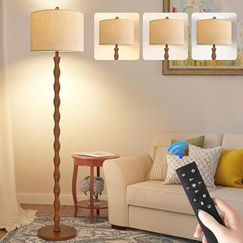 ILLMTW Wood Floor Lamp for Living Room,Bedroom,Vintage Farmhouse Mid Century Standing Lamp with Remote,Dimmable Rustic Industrial Tall Lamp Retro Floor Light Boho Bohemian