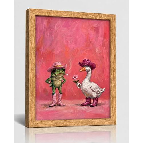 Funny Frog and Goose Wall Art, Cowboy Animal Print Picture, Pink Wall Decor