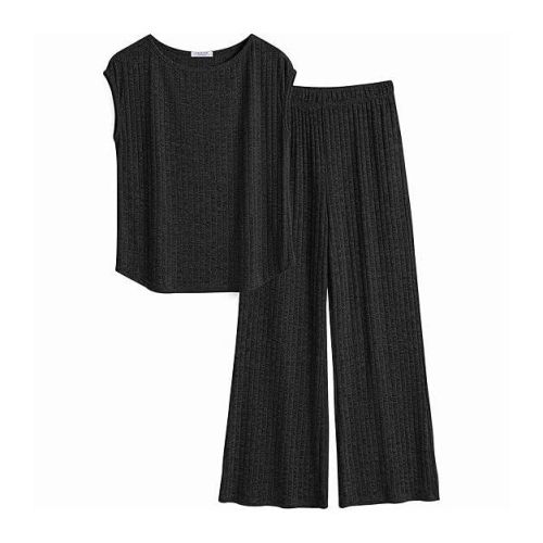 Ekouaer 2 Piece Lounge Sets for Women Matching Summer Outfits Casual Ribbed Knit Cap Sleeve Wide Leg Pants Sets Black L