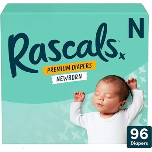 Rascals Premium Absorbent Baby Diapers with Deep Pocket and Triple Leak Guards for Blowout Protection (N-96ct)