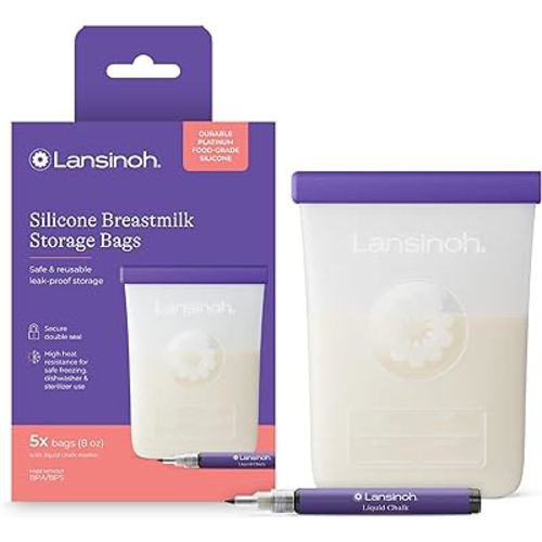 Lansinoh Silicone Breastmilk Storage Bags, Reusable Leakproof Milk Storage Bags with Double Seal, Dishwasher & Sterilizer Safe, 8 oz, 5-Count, BPA Free Breastfeeding Essentials