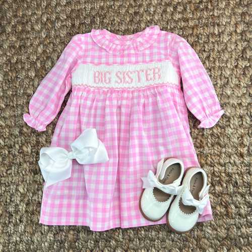 Smocked Big Sister Dress in Long Sleeve Gingham. Coordinating Brother & Sister outfits, Baby Girl, Gender Reveal 653 *E