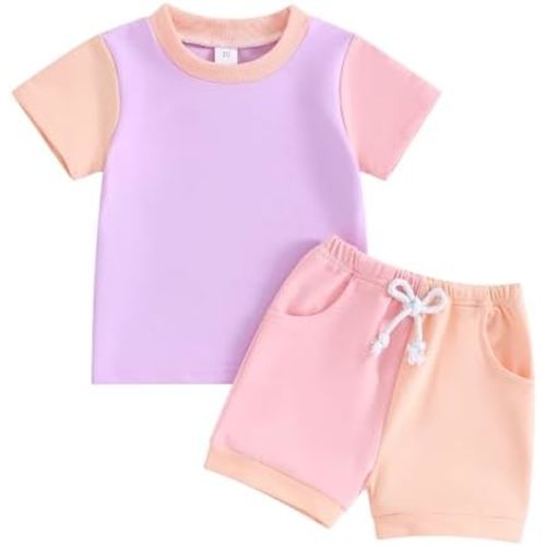 Fernvia Toddler Baby Girl Summer Clothes 3 6 9 12 18 24 Months Cotton Outfits Short Sleeve Contrast T-Shirts Tops Shorts Sets