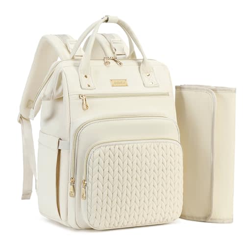 AIJIEKE Diaper Bag Backpack, Large Baby Bag for Mom & Dad with Changing Pad, Extra Wide Opening Travel Diaper Backpack, Quilted Maternity Hospital Bag with Insulated Pockets, Stroller Straps, Beige