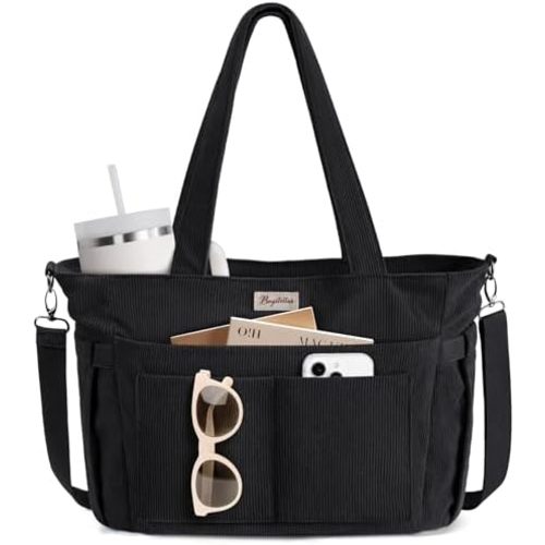 Bagstellar Corduroy Tote Bag for Women, 17 Pockets Laptop Work Tote Bag Lightweight Teacher Nurse Bible Bag for School Travel