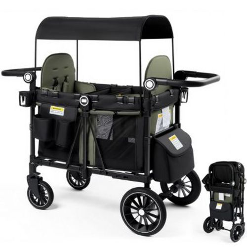 TODECARE Wagon Stroller for 2 Kids, All-Terrain Foldable Outdoor Stroller Wagon, Adjustable Handle, Shock-Absorbing Wheel, Detachable Tray, Green