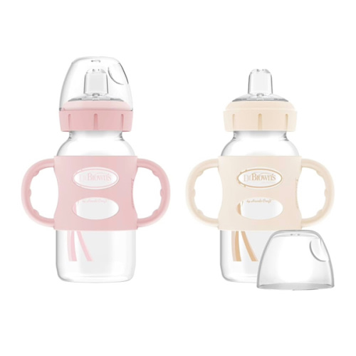 Dr. Brown’s Milestones Wide-Neck Transitional Sippy Bottle with Silicone Handles, 9oz 6m+ Light Pink and Ecru 2-Pack