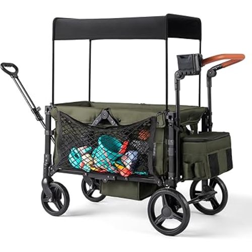 Stroller Wagon for 2 Kids with Footwell, Foldable All-Terrain Wagon Stroller with Adjustable Push/Pull Handle, Canopy, Parent Organizer, 5-Point Harness, Ideal for Travel & Outdoor Adventures (Green)