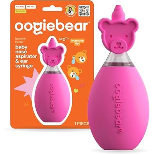 oogiebear: Baby Nasal Aspirator - Safe Booger & Earwax Remover for Newborns, Infants, Toddlers - Better Syringe, Airtight Suction, Nose Sucker - Essential Baby Stuff, Diaper Bag Must-Haves, Pink