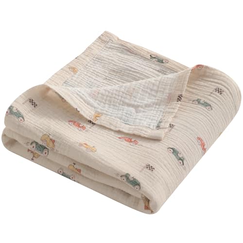 NTBAY Muslin Baby Swaddle Blanket, 2-Layer, 42x60 Lightweight Receiving Blanket for Newborns and Infants, Crib Stroller Nursery Use, Retro Race Car